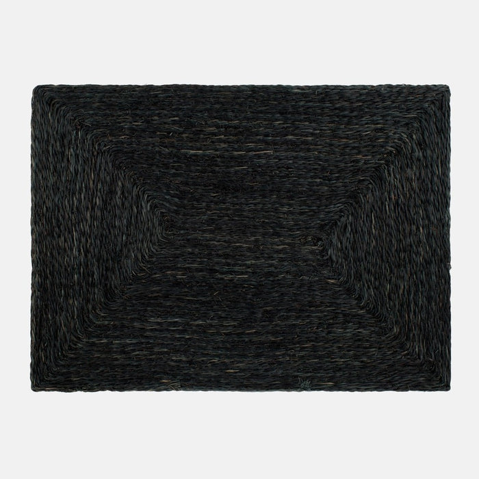 Black abaca woven rectangular placemat with a concentric square design.