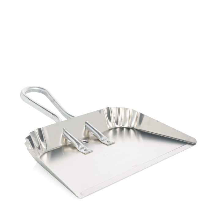 Large, silver aluminum dust pan with a flat front lip and curved handle.