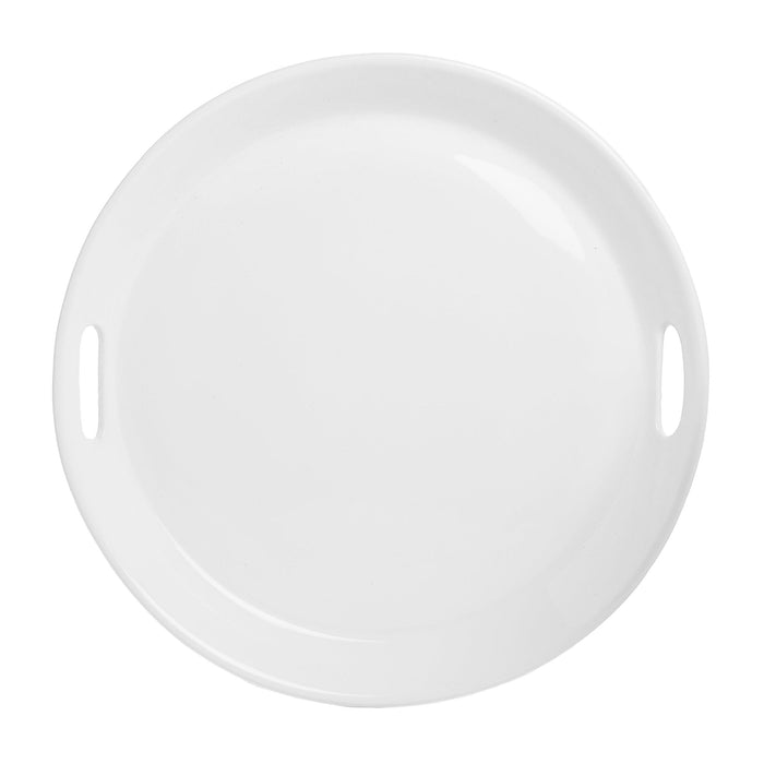 Large round creamy white ceramic serving tray with integrated handles.