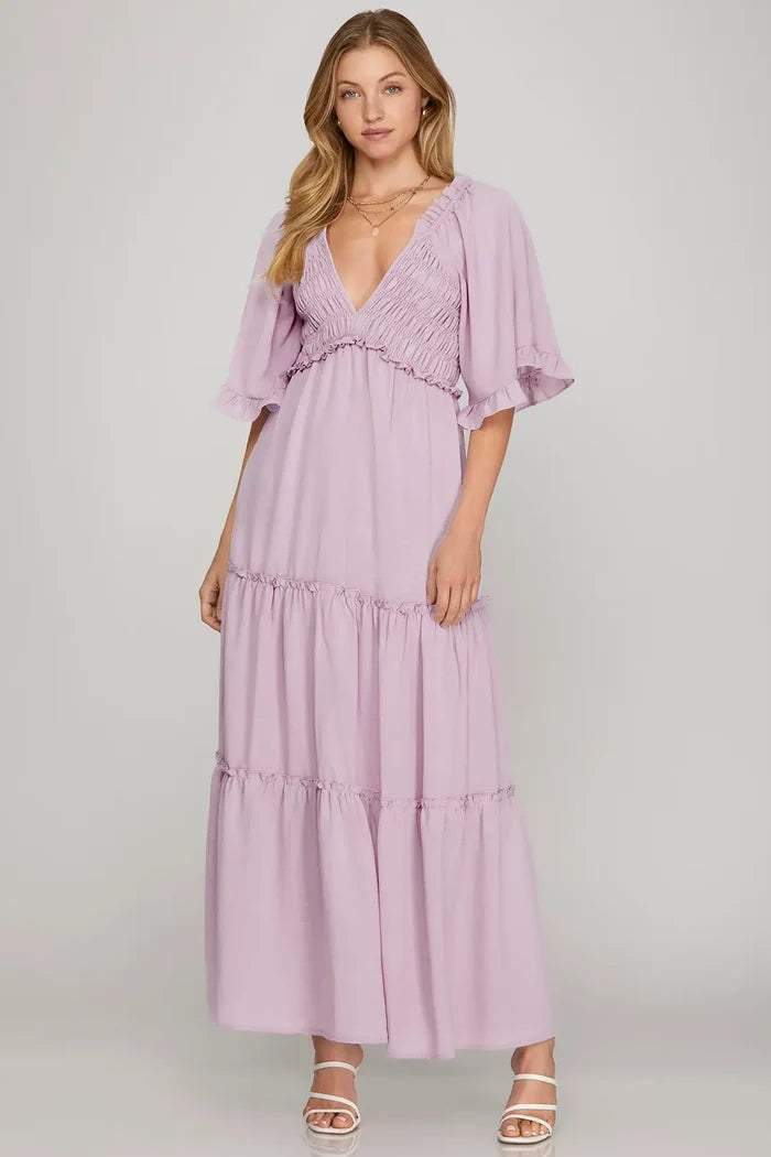 Lavendar Lemonade Smocked Top Tiered Maxi Dress