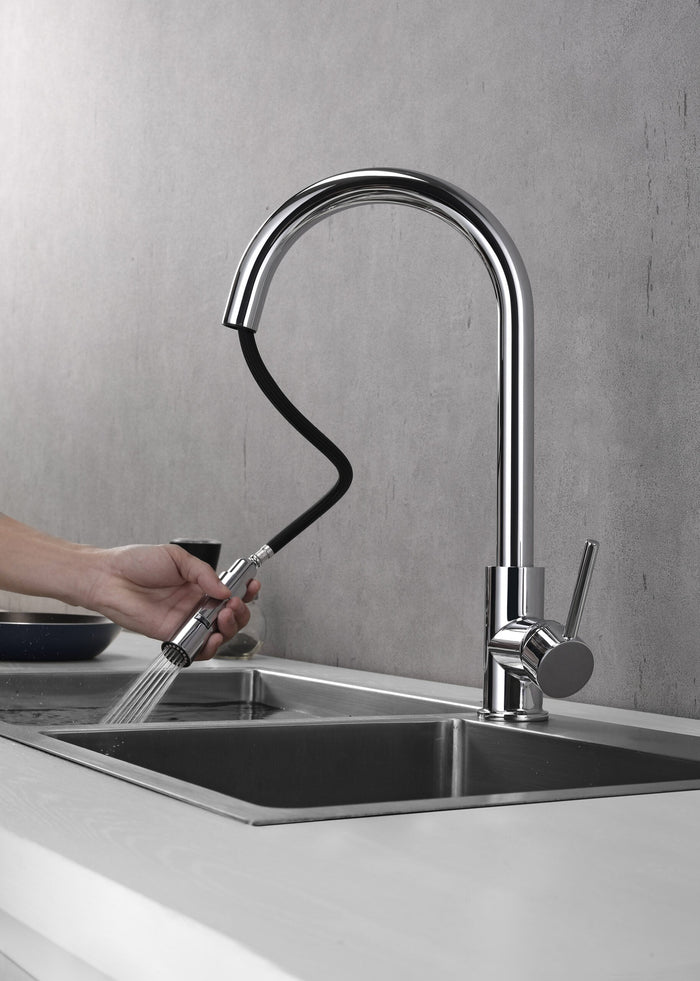 Lexora Olivi Brass Kitchen Faucet w/ Pull Out Sprayer - Chrome LKFS8011CH