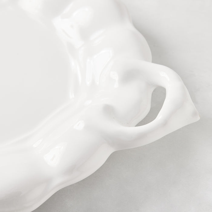 White Liberty Oval Ceramic Serving Platter with French detailing and handles, 18" x 12.75".