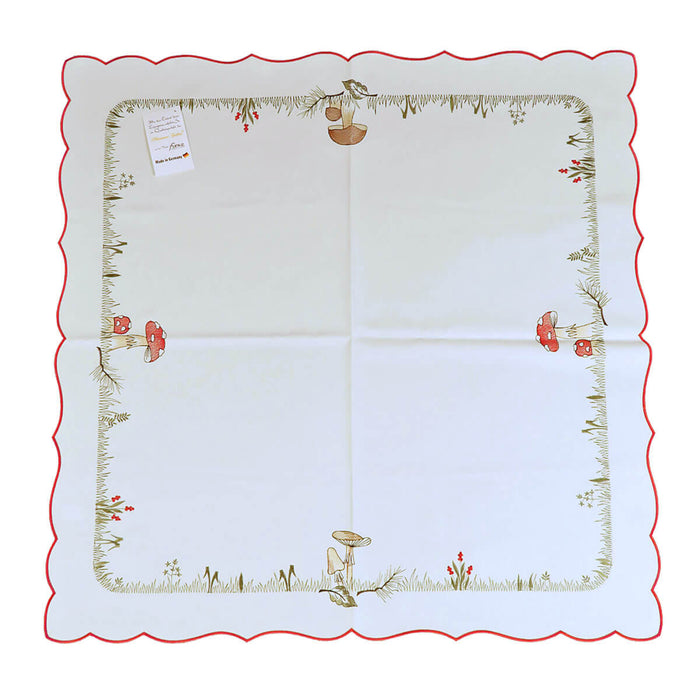 white square linen tablecloth forest foliage mushrooms red scalloped edge Funke Germany