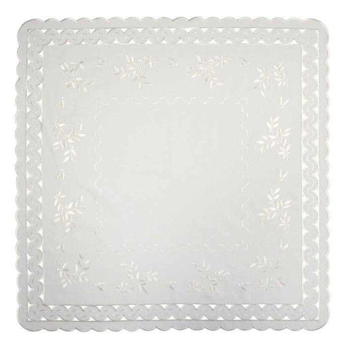 White square linen tablecloth with scalloped cutwork edges and subtle leaf tendril embroidery