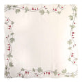 White square linen tablecloth with embroidered bleeding hearts and green vine border, scalloped edges, German made