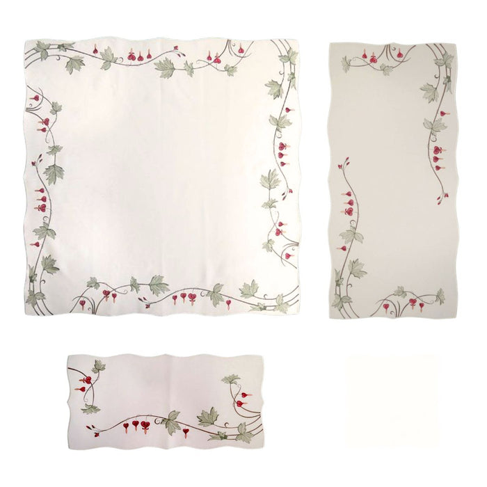 White linen table linen set with embroidered bleeding hearts and green vines, scalloped edge square tablecloth, table runner, and placemat, made in Germany