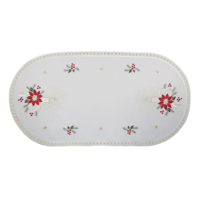 large creme linen table runner with candlelight embroidery candles stars and festive design