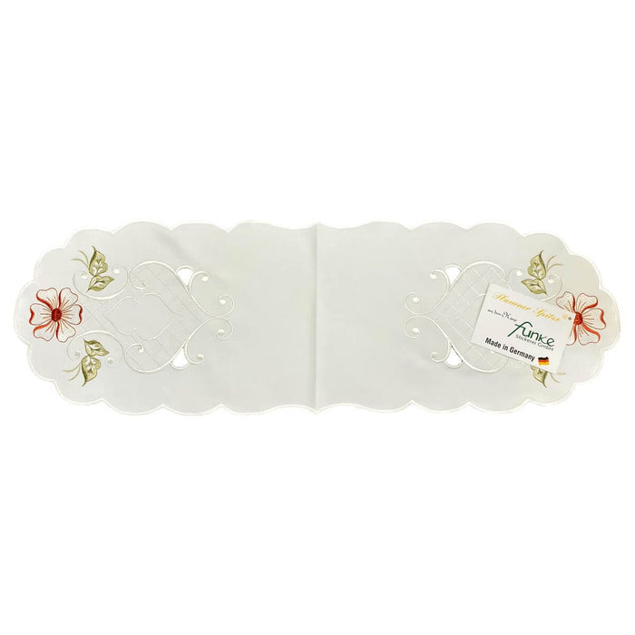 White linen table runner with red floral embroidery cutwork scalloped edges Funke Germany