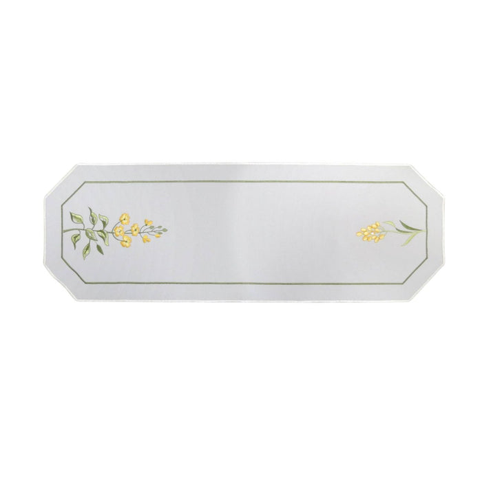 White linen table runner with yellow flower embroidery and Swarovski crystals Summer Meadow Germany
