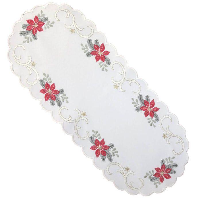 White linen table runner with red poinsettia embroidery green leaves gold stars scalloped edge Funke Germany