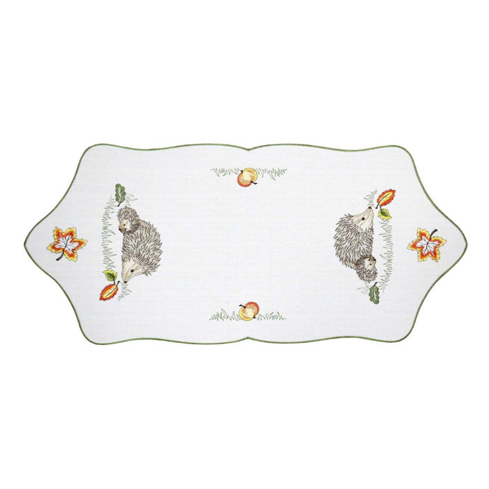 White linen table runner with hedgehogs apples and autumn leaves Funke Germany