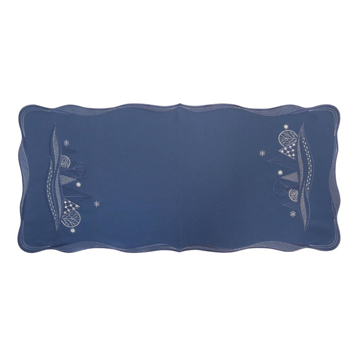 Blue linen table runner with scalloped edges and delicate winter embroidery design on both ends