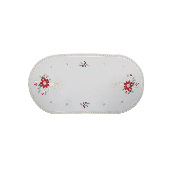 small creme linen table runner with candlelight embroidery candles stars festive holiday design