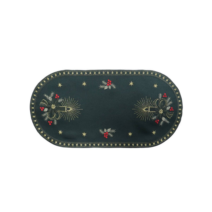 small green linen table runner with candlelight embroidery candles stars festive holiday design
