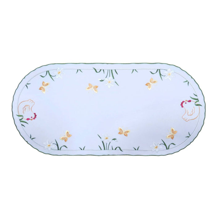 white linen table runner chicken butterfly embroidery farmhouse design Funke Germany