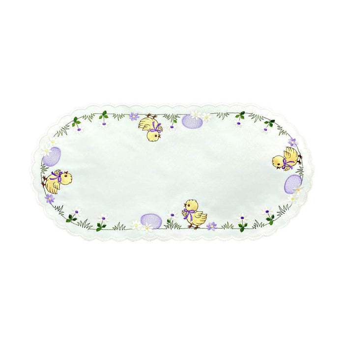 white oval linen table runner chicks easter eggs daisies spring embroidery Funke Germany