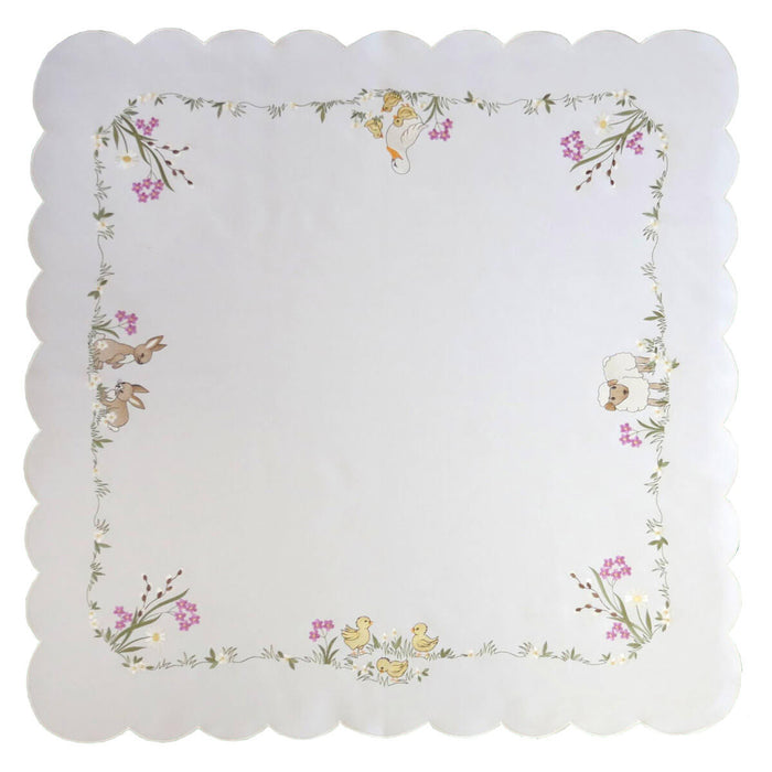White linen square tablecloth with embroidered spring animals chicks bunnies lambs and flowers scalloped edge