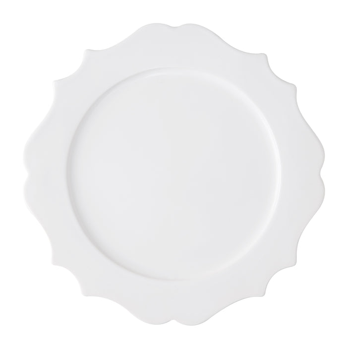 Lungarno 11" white ceramic dinner plate with sculptural, scalloped edge.