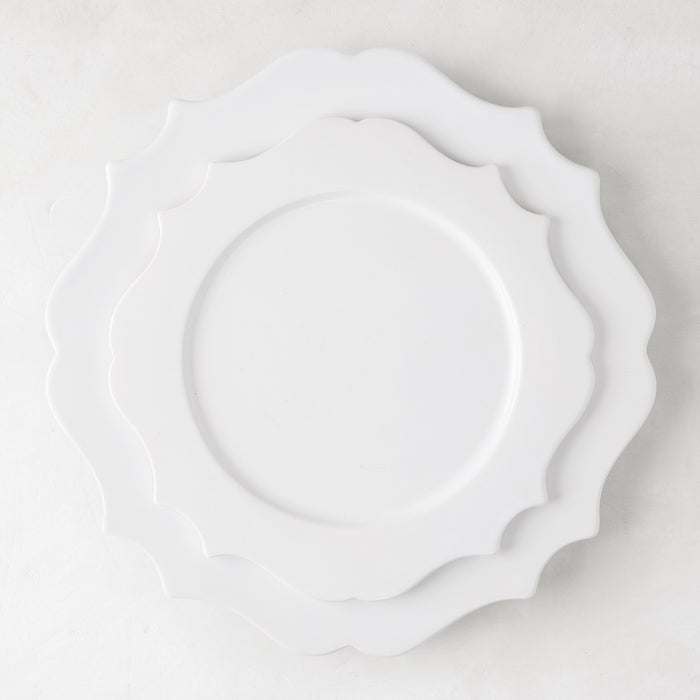 White ceramic Lungarno salad/dessert plate with sculptural, scalloped edges, 9" diameter.
