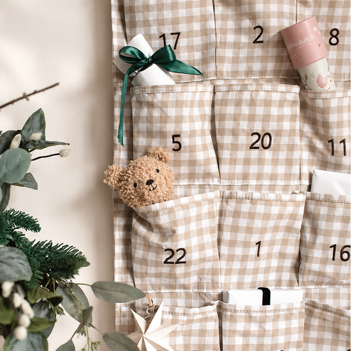 Mabel & Fox - Personalised Beige Gingham Advent Calendar - Velvet Bow - Mabel & Fox