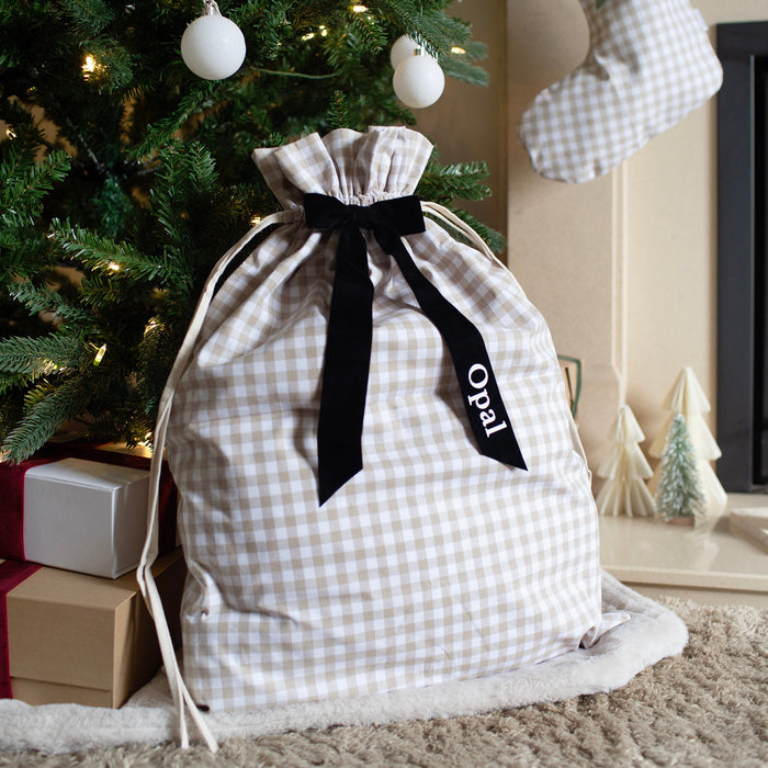 Mabel & Fox - Personalised Beige Gingham Gift Sack - Velvet Bow - Mabel & Fox