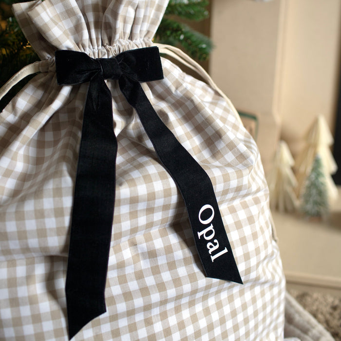 Mabel & Fox - Personalised Beige Gingham Gift Sack - Velvet Bow - Mabel & Fox