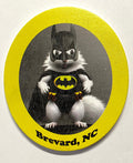 Batman white squirrel magnet with a yellow border and Brevard, NC below.