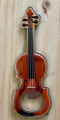 A metal bottle opener shaped like a fiddle with a white squirrel and the text 'Brevard, NC' on the back. Front