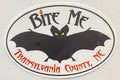 A magnet with a large black silhouette of a bat with the text 'Bite Me' above it and 'Transylvania County, NC' below it on a white background.