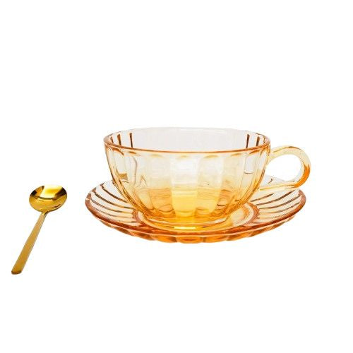 glass tea cup with saucer and gold spoon set