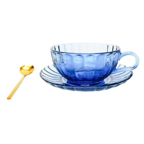 blue glass tea coffee cup with saucer
