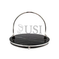 Marble Look Round Glass Tray w Handle, 10in, Silver