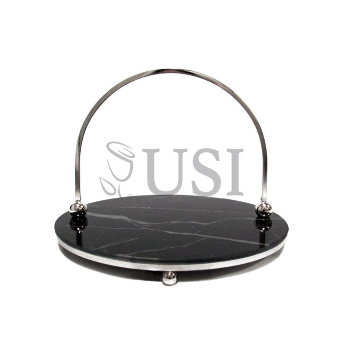 Marble Look Round Glass Tray w Handle, 10in, Silver