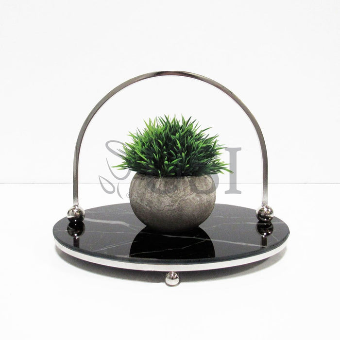 Marble Look Round Glass Tray w Handle, 10in, Silver