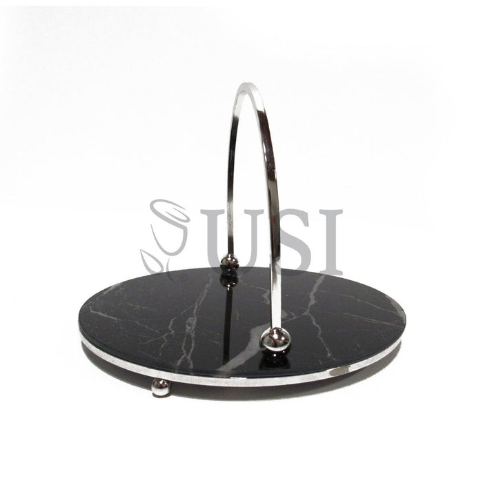 Marble Look Round Glass Tray w Handle, 10in, Silver