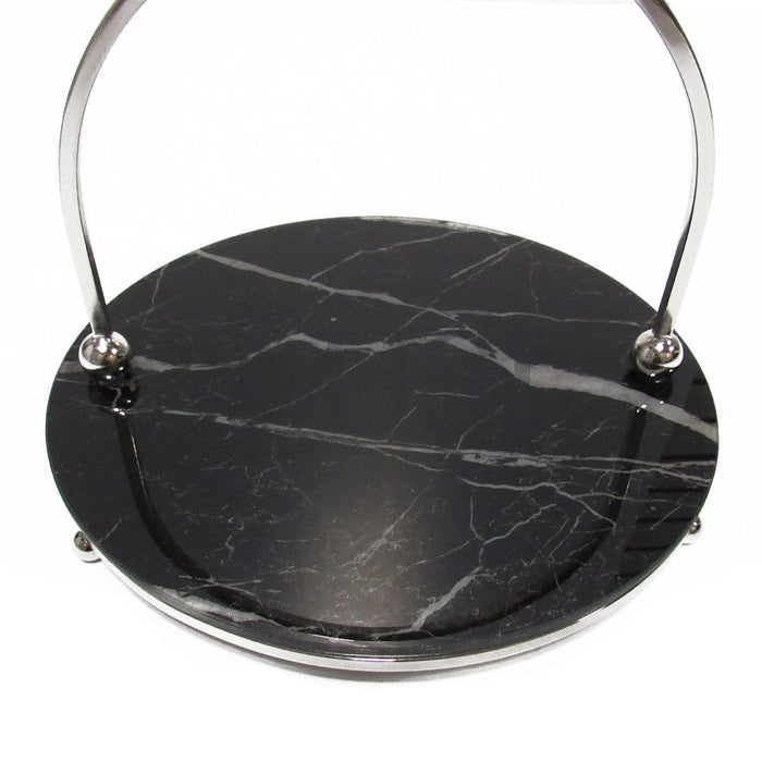 Marble Look Round Glass Tray w Handle, 10in, Silver