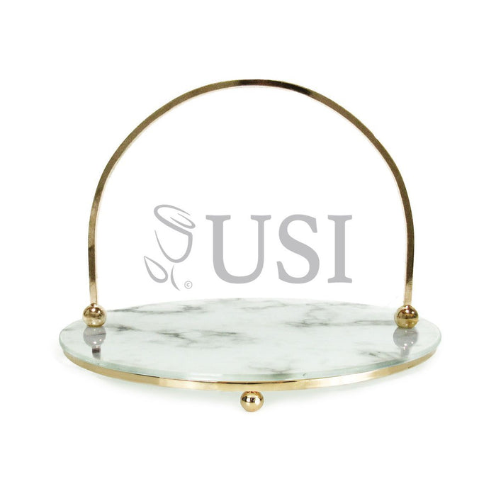 Marble Look Round Glass Tray w Handle, 12in, Gold