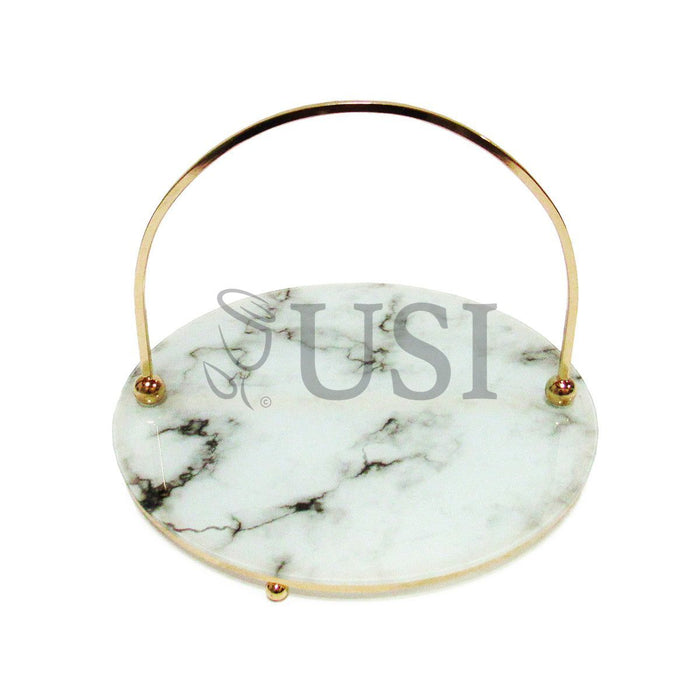 Marble Look Round Glass Tray w Handle, 12in, Gold