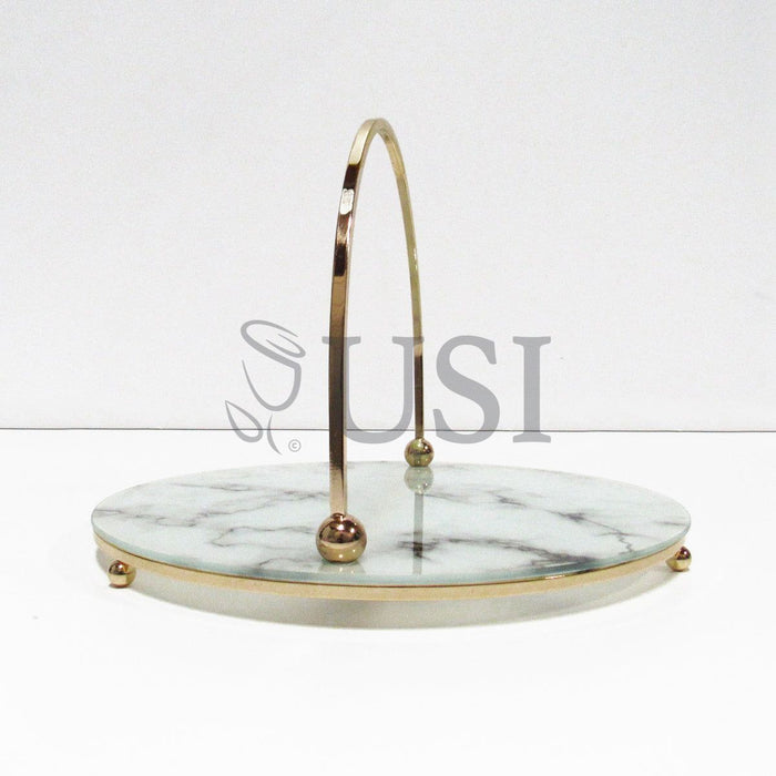 Marble Look Round Glass Tray w Handle, 12in, Gold