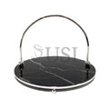 Marble Look Round Glass Tray w Handle, 12in, Silver