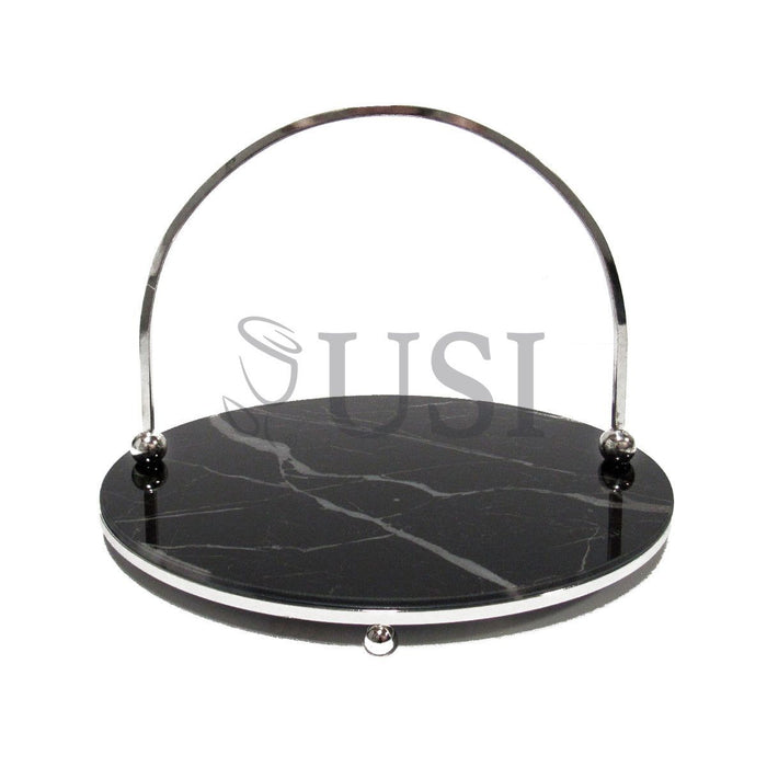 Marble Look Round Glass Tray w Handle, 12in, Silver