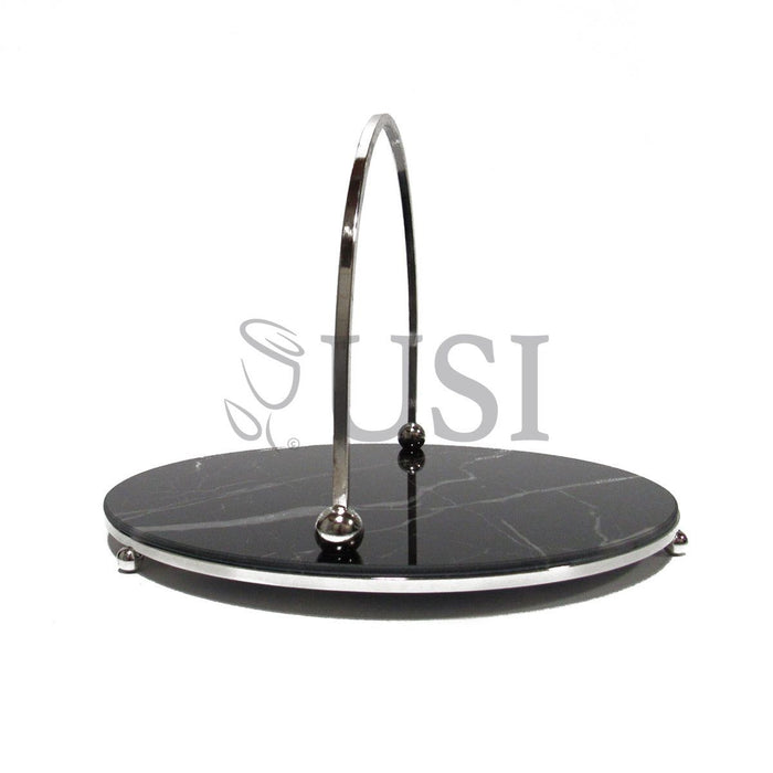 Marble Look Round Glass Tray w Handle, 12in, Silver