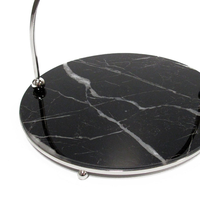 Marble Look Round Glass Tray w Handle, 12in, Silver