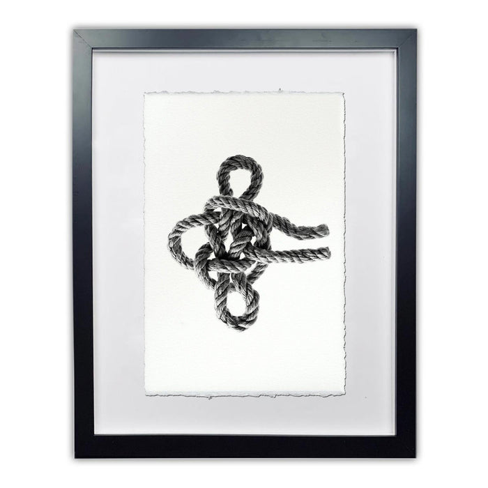 Framed Masthead Nautical Knot print on handmade Nepalese paper, black and white, with a worn look.