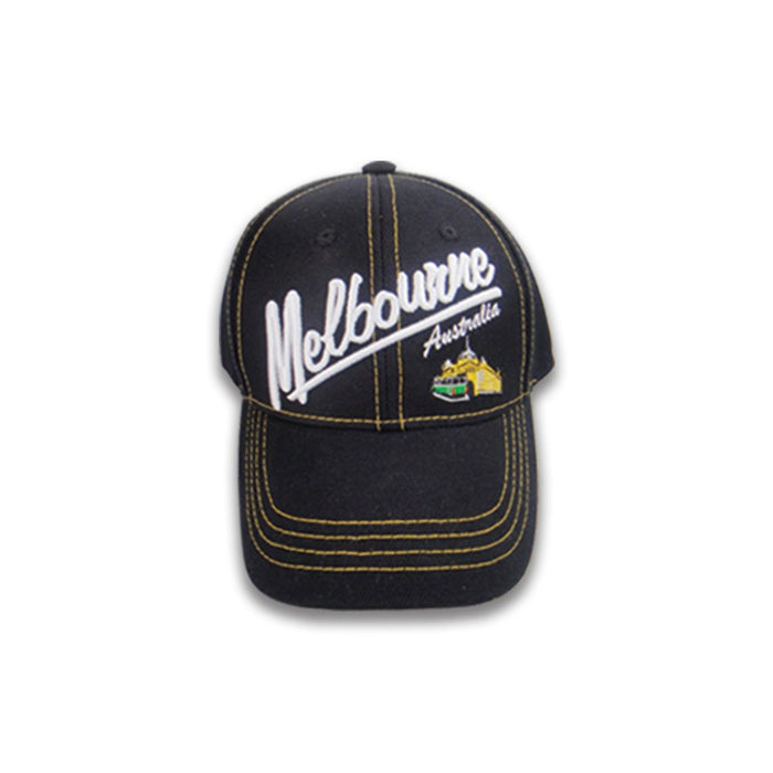 Black cap with 'Melbourne Australia' text and logo on a white background