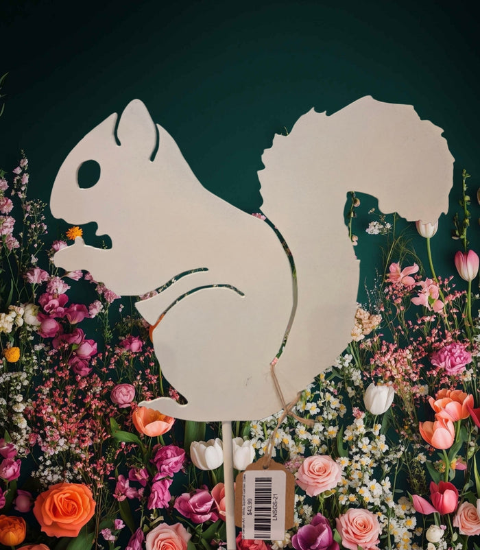 Metal Garden Stake in the shape of White Squirrel in the Flower Garden