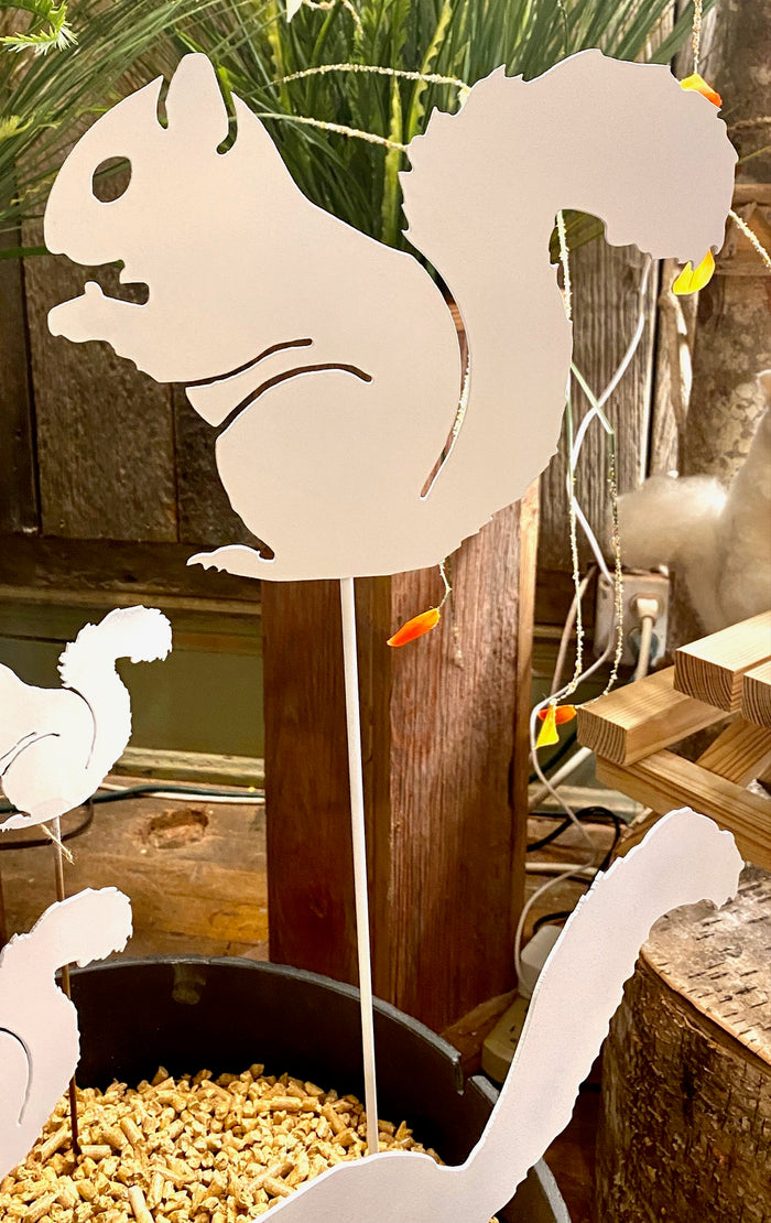 Metal Garden Art - White Squirrel Garden Stake - 7" High x 9" Wide - Large