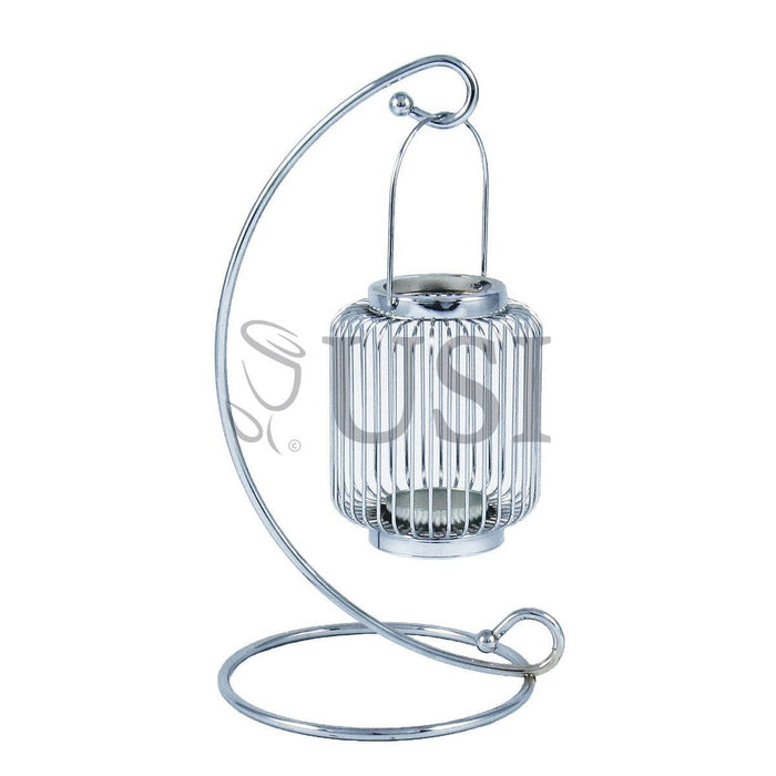 Metal Wire Cylinder Lantern Candle Holder w Stand, 14in, Silver