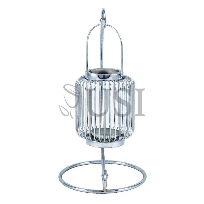 Metal Wire Cylinder Lantern Candle Holder w Stand, 14in, Silver