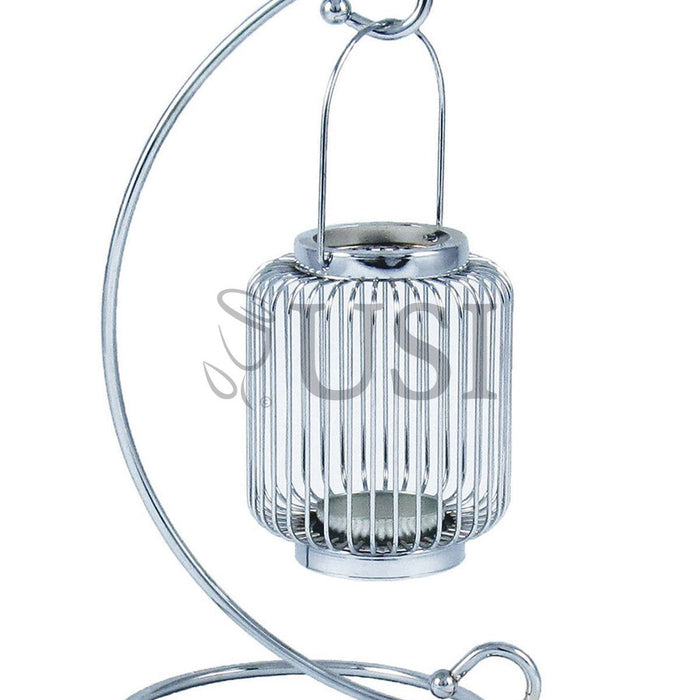 Metal Wire Cylinder Lantern Candle Holder w Stand, 14in, Silver